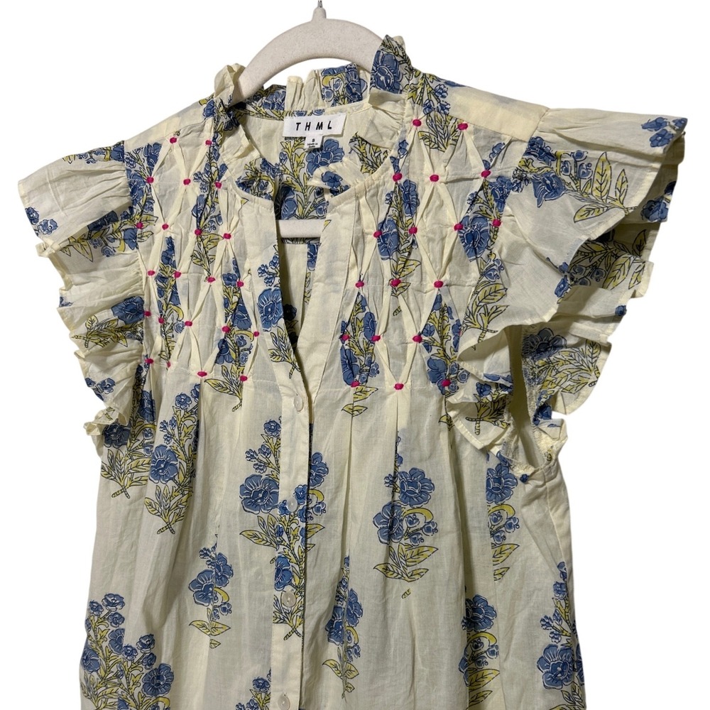 THML Marcia Flutter Sleeve Floral Pattern Top Cream Blue Pink Size Retail: $139